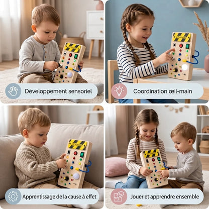 Tableau sensoriel Montessori en bois avec lumières et interrupteurs