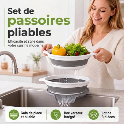 Set de 3 passoires pliables avec fond d’égouttage