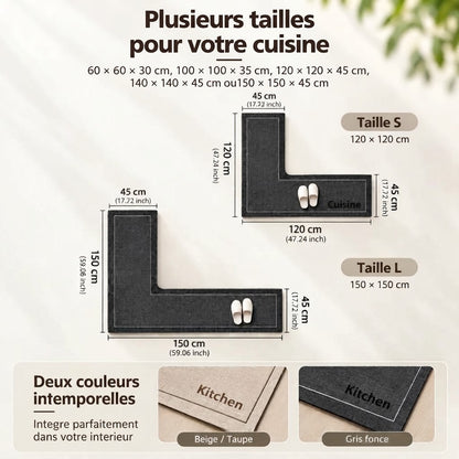 Tapis de cuisine absorbant antidérapant en forme de L