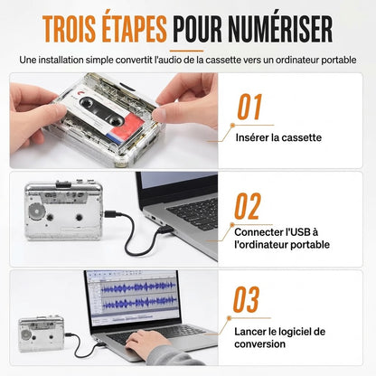 Lecteur cassette portable transparent avec USB-C et conversion MP3
