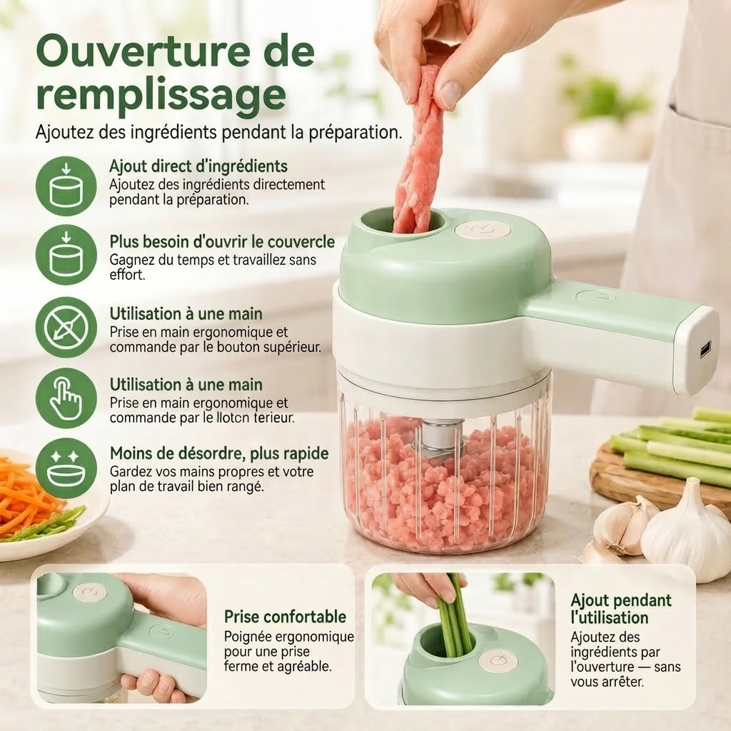Robot de cuisine sans fil 4 en 1 pour trancher hacher éplucher et nettoyer