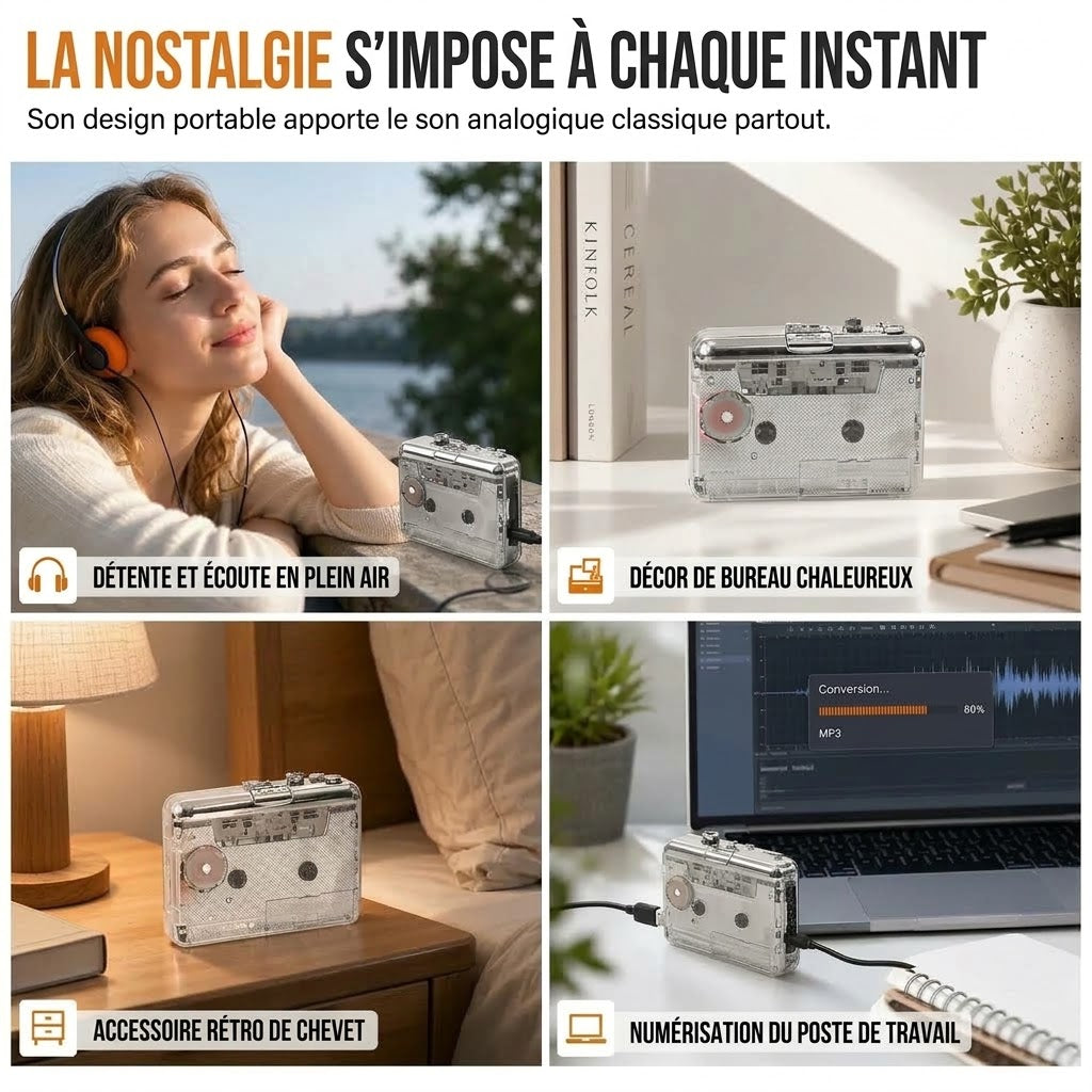 Lecteur cassette portable transparent avec USB-C et conversion MP3