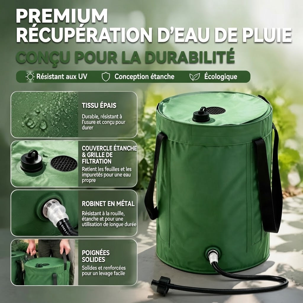 Récupérateur d’eau de pluie pliable avec robinet de vidange