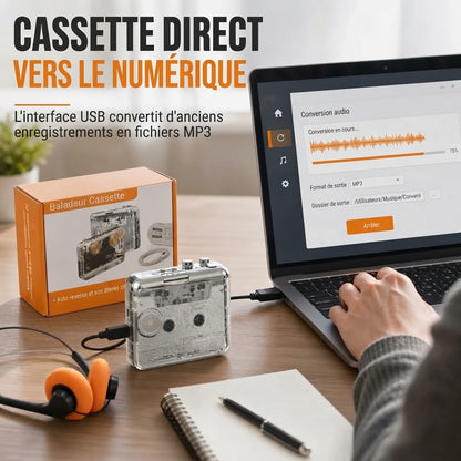 Lecteur cassette portable transparent avec USB-C et conversion MP3