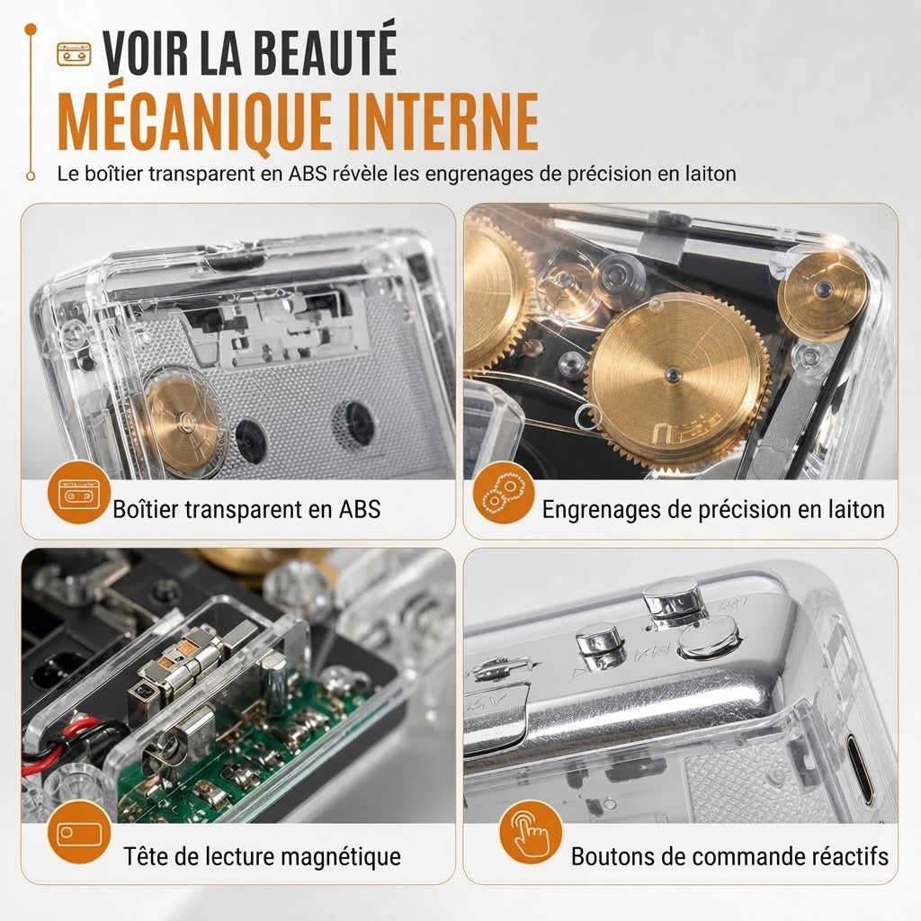 Lecteur cassette portable transparent avec USB-C et conversion MP3