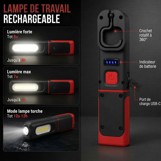 Lampe de travail LED COB rechargeable avec base magnétique