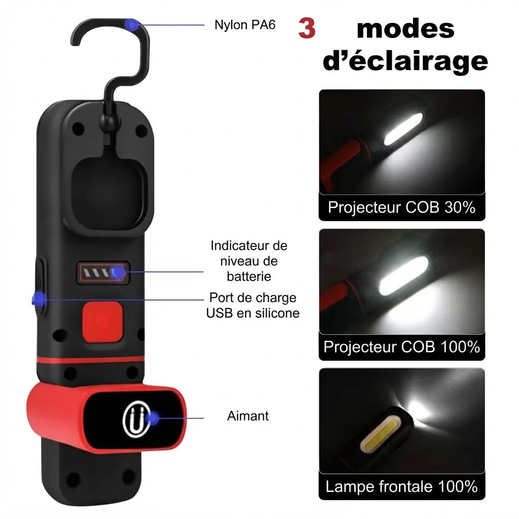 Lampe de travail LED COB rechargeable avec base magnétique