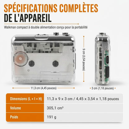 Lecteur cassette portable transparent avec USB-C et conversion MP3