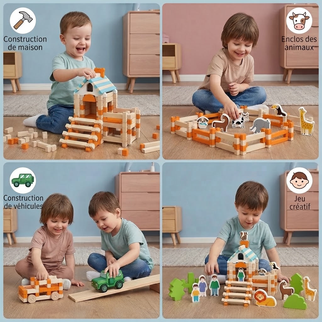 Set de blocs de construction Montessori en bois
