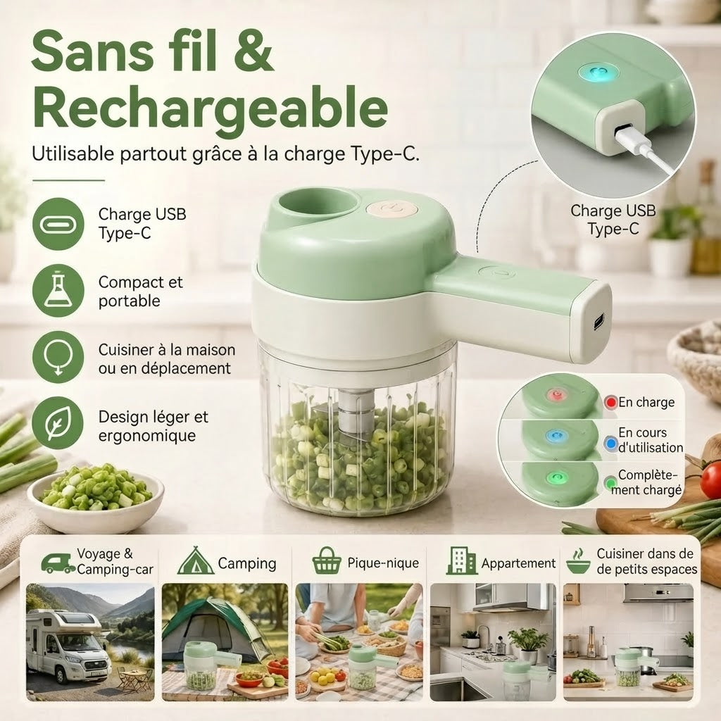 Robot de cuisine sans fil 4 en 1 pour trancher hacher éplucher et nettoyer