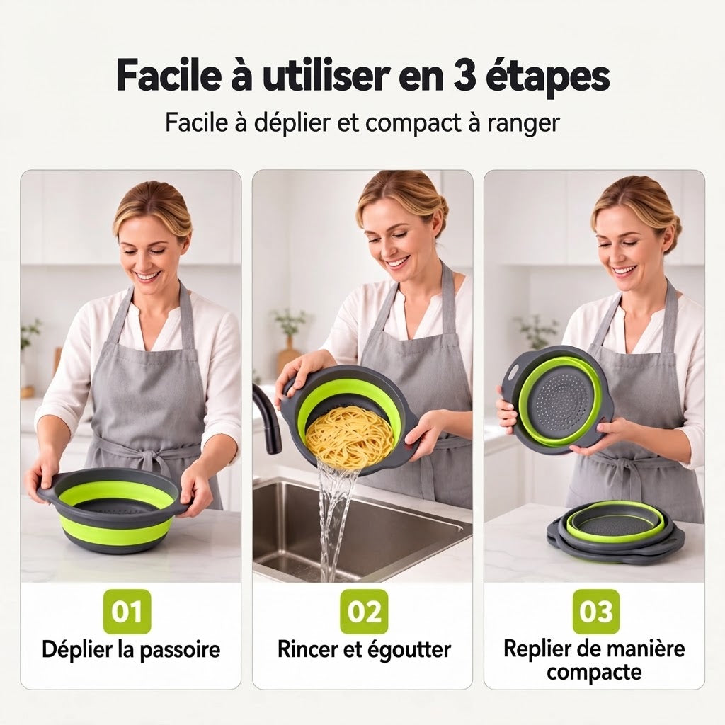 Set de 3 passoires pliables avec fond d’égouttage