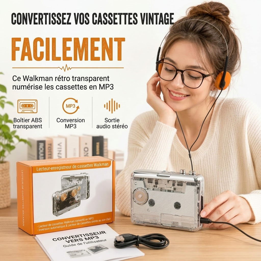 Lecteur cassette portable transparent avec USB-C et conversion MP3