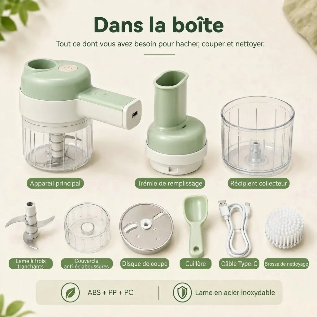 Robot de cuisine sans fil 4 en 1 pour trancher hacher éplucher et nettoyer
