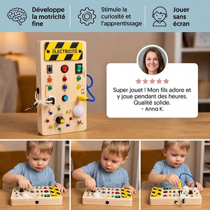 Tableau sensoriel Montessori en bois avec lumières et interrupteurs