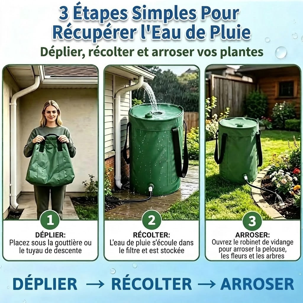 Récupérateur d’eau de pluie pliable avec robinet de vidange