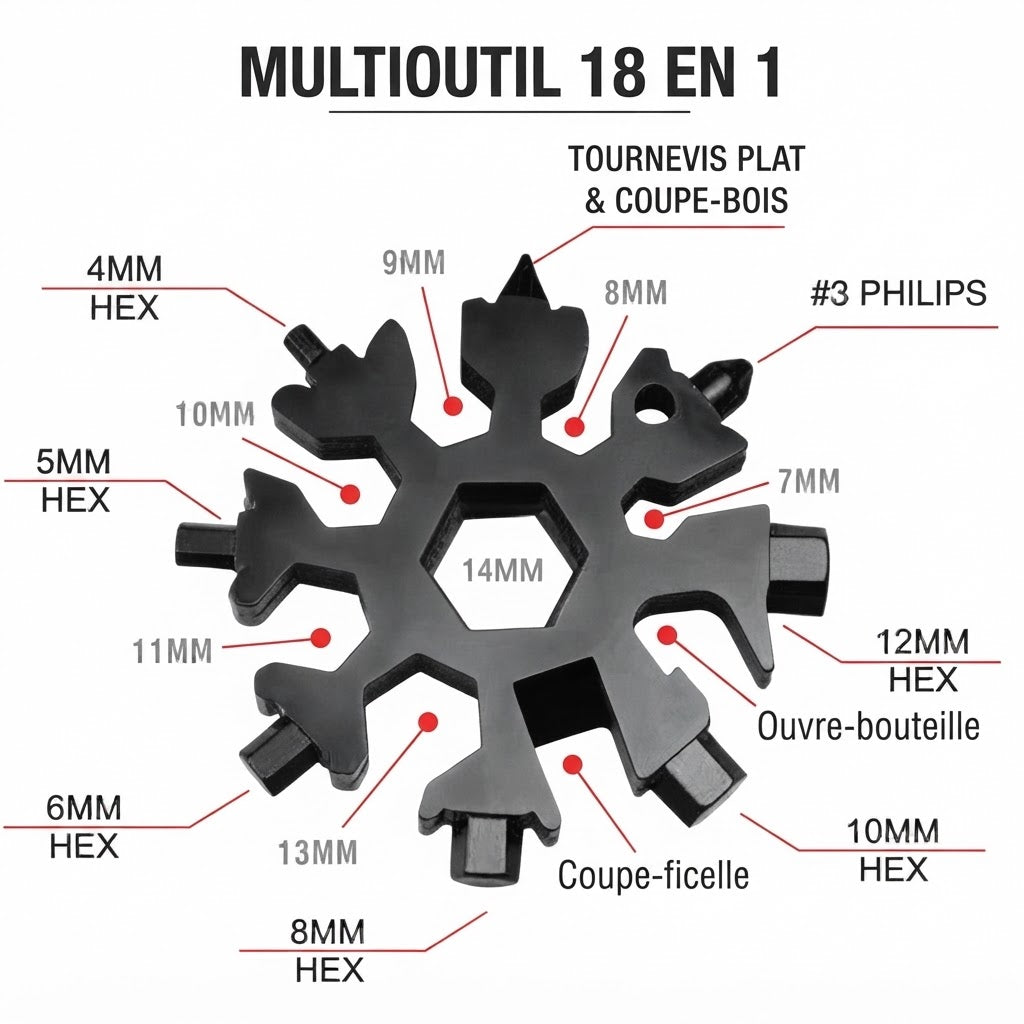 Outil multifonction en forme de flocon de neige avec 18 fonctions