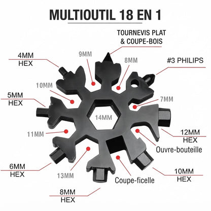 Outil multifonction en forme de flocon de neige avec 18 fonctions