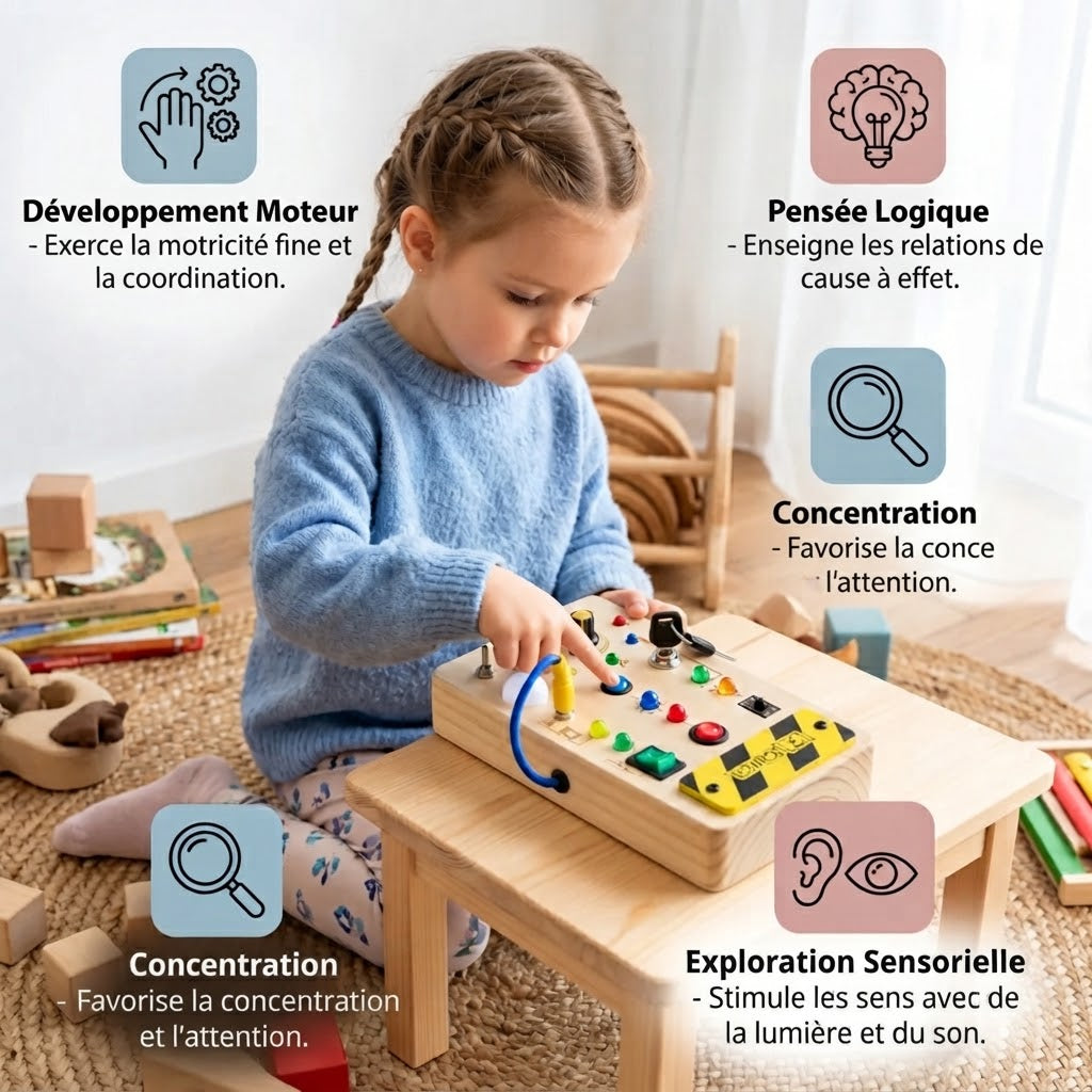 Tableau sensoriel Montessori en bois avec lumières et interrupteurs