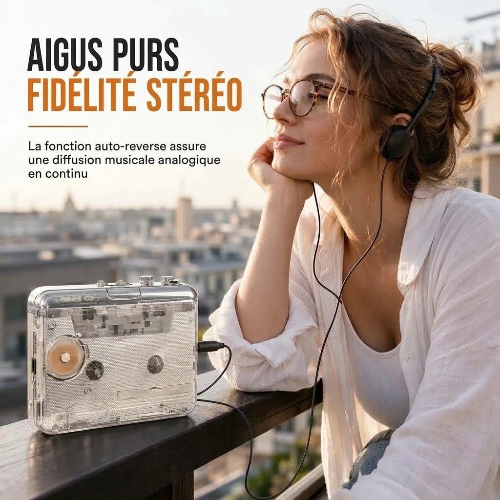 Lecteur cassette portable transparent avec USB-C et conversion MP3