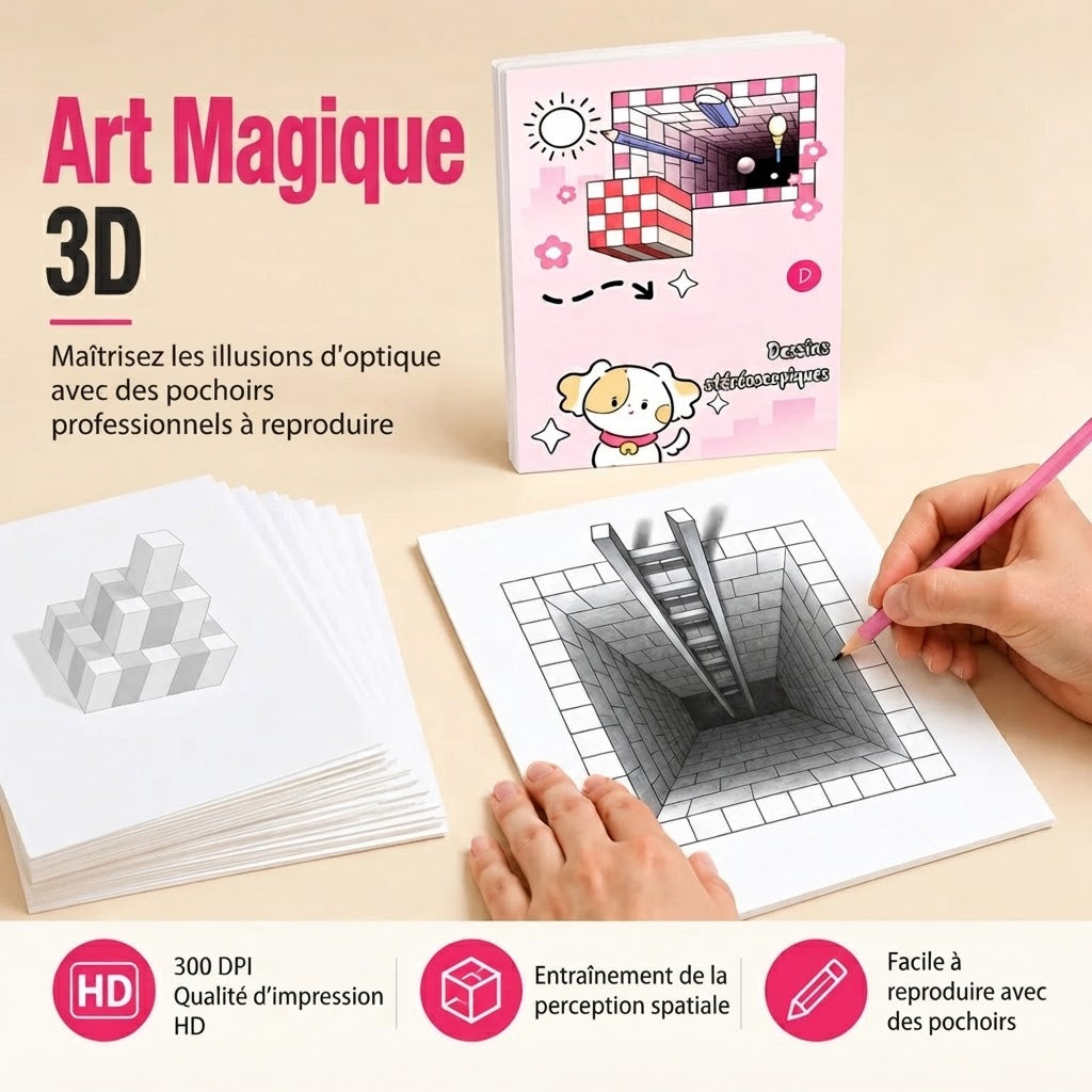 Livre de dessin 3D pour enfants avec activités de coloriage et de découpage