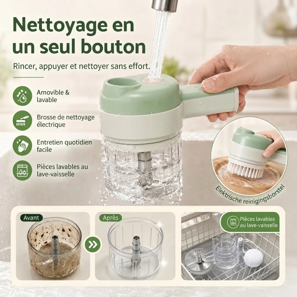 Robot de cuisine sans fil 4 en 1 pour trancher hacher éplucher et nettoyer