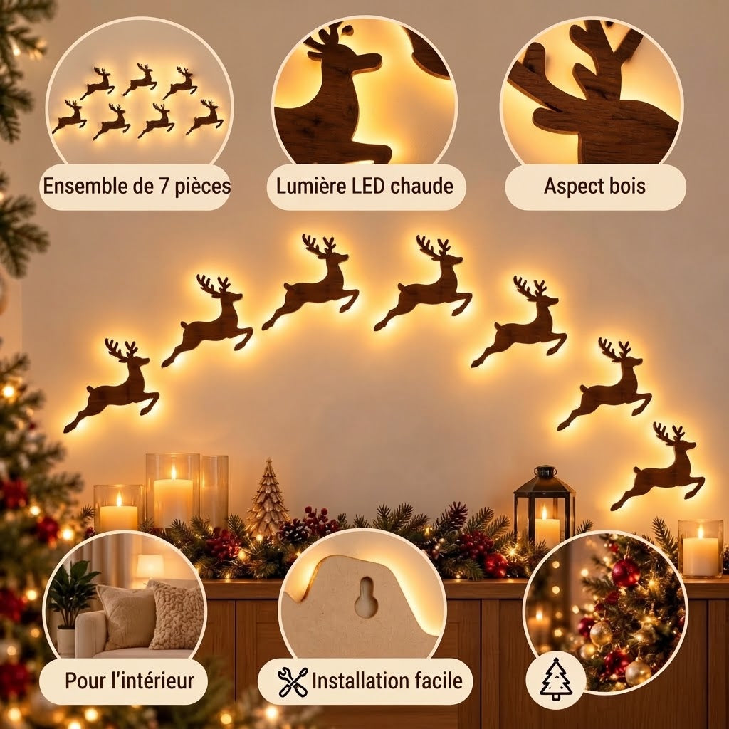 Décoration murale 3D lumineuse en bois JulGlow lot de 7