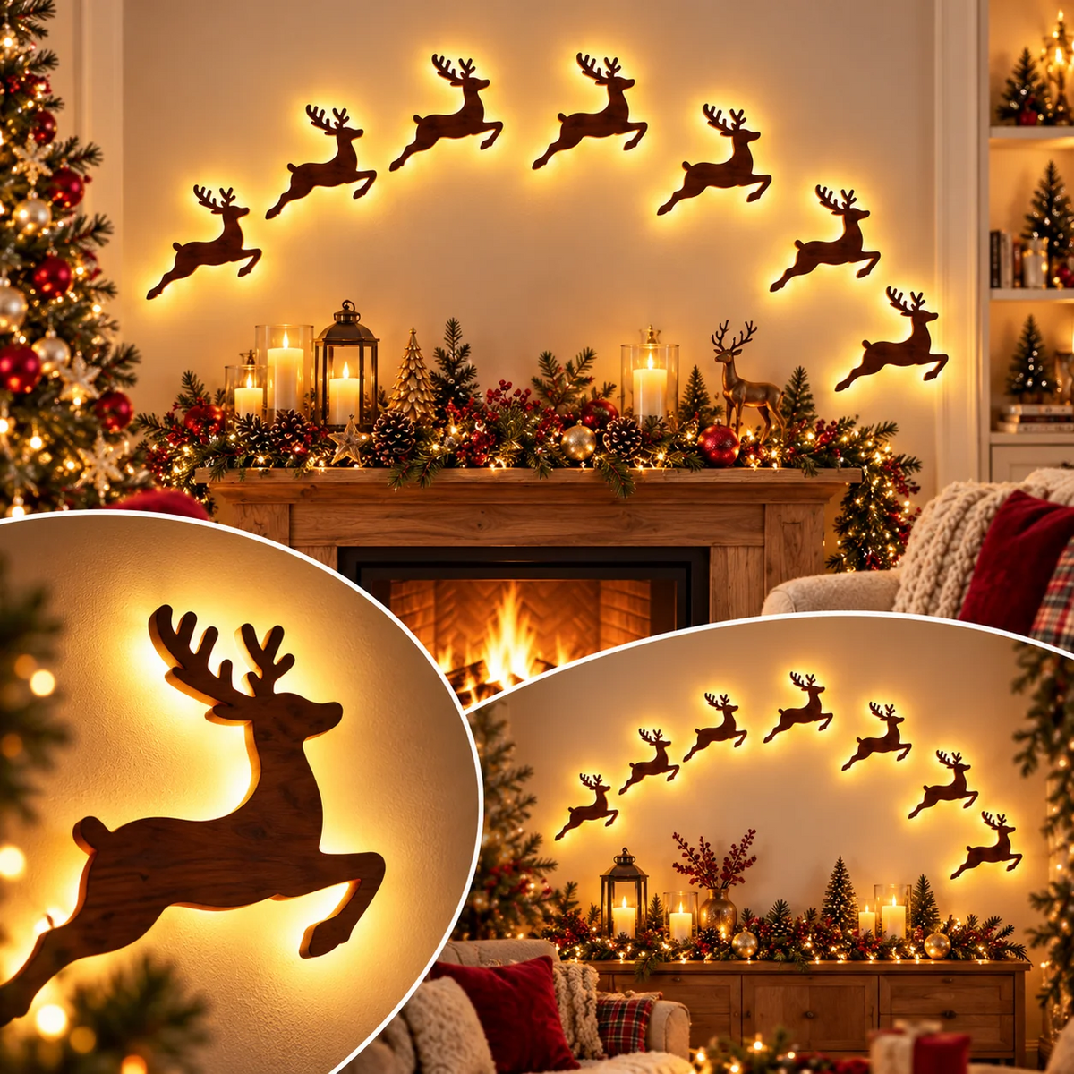 Décoration murale 3D lumineuse en bois JulGlow lot de 7