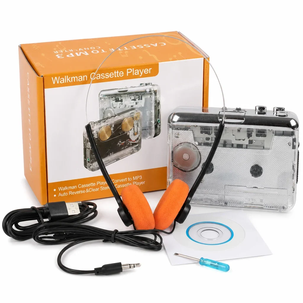 Lecteur cassette portable transparent avec USB-C et conversion MP3