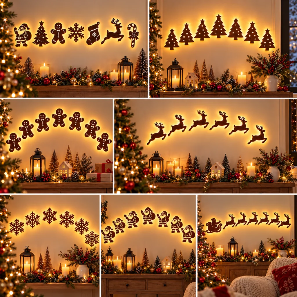 Décoration murale 3D lumineuse en bois JulGlow lot de 7