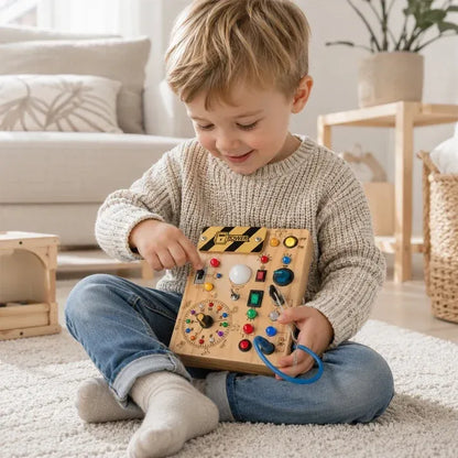 Tableau sensoriel Montessori en bois avec lumières et interrupteurs