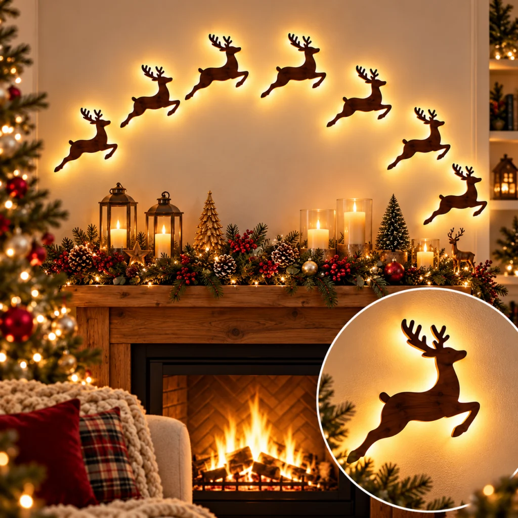 Décoration murale 3D lumineuse en bois JulGlow lot de 7